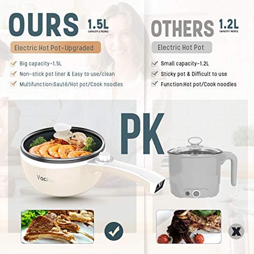 Vocha Electric Hot Pot, 1.5L Mini Portable Electric Pan Non-Stick, Multi-Cooker with Lid for Travel/Dormitory, Silicone Spatula Included (Beige) — view 6