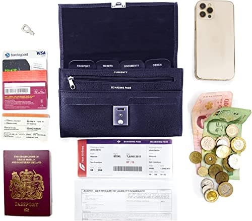 Woodland Leather Passport Holder, Faux Leather Passport Holder Travel Wallet, Travel Document Wallet Organiser with RFID Credit Card Slot and Key Lock, Navy — view 2