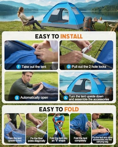 Maraiss Instant Setup Pop Up Tent, Double Doors & Windows, Lightweight Waterproof Sun-Proof Foldable Tent for Outdoor Beach, 2 Man Tent Hiking, Backpacking & Family Camping Light Blue — view 4