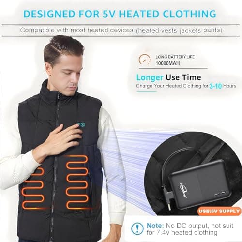 Small Power Bank, 10000 mAh Portable Phone Charger 5V/2.4 A Heated Vest/Jacket Battery Packs, Dual USB Outputs with LED Display Powerbank Compatible for iPhone Andriod iPad ect. (Black) — view 2