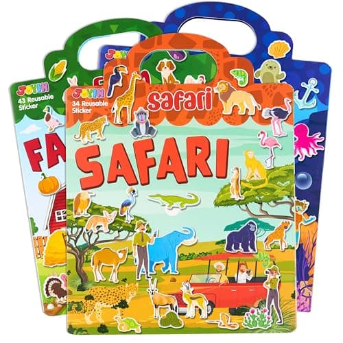 JOYIN 3 Sets Reusable Sticker Book for Kids, 122Pcs 3D Travel (Farm, Ocean, Safari) Stickers for Kids, Waterproof Sticker Books for Children Age 3+