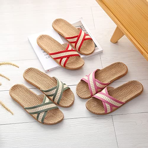 wide fit sandals for women Linen Slippers Mens Crossover Sliders Non-Slip Indoor Slipper Moisture Wicking Flax Slides Open Toe Mule Shower Slipper Summer Beach Sliders travel slippers — view 3