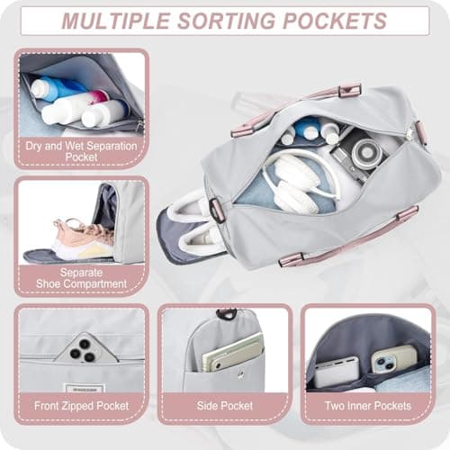 HYC00 Gym Bags Women Men Sports Duffle Bag with Shoes Compartment & Wet Pocket,Travel Duffel Bags for Women Large Weekend Overnight Holdall for Hospital Swimming Carry on Hand Luggage Bags,Gray Pink — view 3