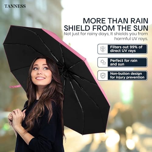 TANNESS Windproof Umbrella – 10-Rib Waterproof & Compact with Automatic Open/Close Function and Ergonomic Handle – Folding Mini for Rain, Sun, & Strong Wind Protection - Pink — view 4
