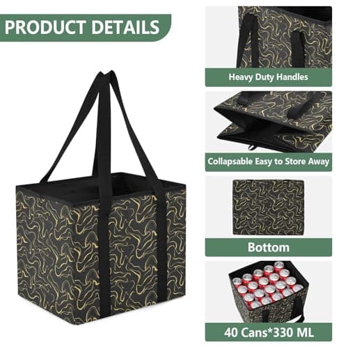 Grckit Car Trunk Organizer Black Gold Wavy Lines Heavy Duty Collapsible Storage Tote Bag with Reinforced Handles for Shopping Travel Picnic — view 3