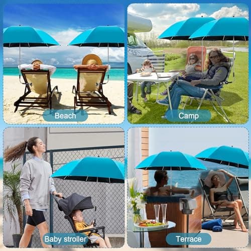 ConBlom 2 PACK Chair Umbrella with Universal Clamp, 360 ° Adjustable UPF50+ Umbrella for Stroller, Patio Chair, Wheelchair, Camping Chair, Golf Carts (Light Blue) — view 5