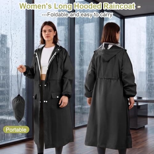 AUYAO Women Long Raincoats Waterproof Rain Coats Lightweight Rain Jackets LadiesQuick Dry Hooded Raincoat with Adjustable Drawstring Reusable Rainsuit Rain Poncho with Carry Bag for Camping Hiking-XL — view 6
