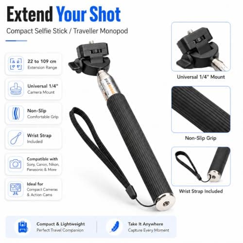 Selfie Stick - Traveller Monopod for Compact Digital Cameras, Action Cam - Works with Sony, Canon, Nikon, Panasonic and More with 1/4" Screw - Wrist Strap Included - Range: 22 to 109 cm - Black — view 2