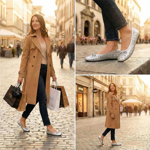 Women's Foldable Flats – Portable Ballet Slippers Shoes for Travel, Wedding – Fits in Purse (M, Silver Sequin) — view 2