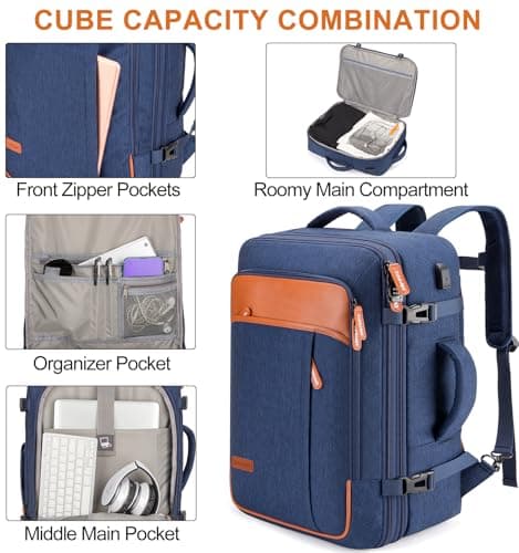 Lumesner Carry on Backpack, Extra Large 40L Flight Approved Travel Backpack for Men & Women,Expandable Large Suitcase Backpacks With 4 Packing Cubes (Blue) — view 5
