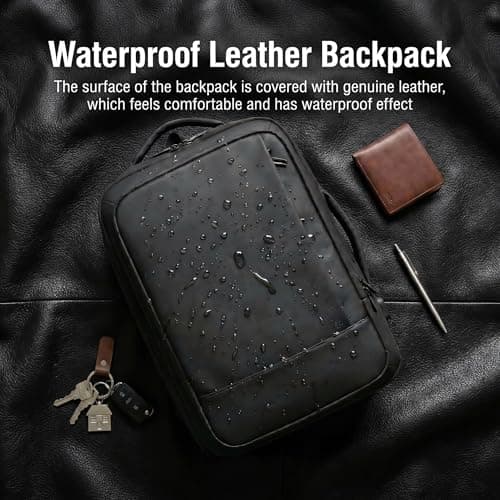 FaVen Laptop Backpack, 15.6 Inch Waterproof Laptop Rucksack with USB Charging Port, Expandable Travel Backpack with Laptop Compartment, Mens Leather Laptop Bag for Work, Business, Travel, Black — view 2