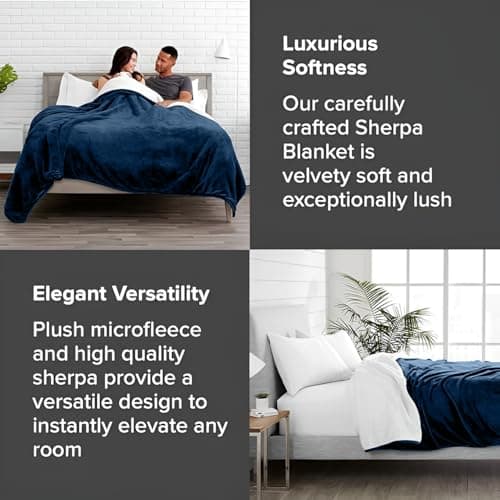 Casabella Sherpa Fleece Blanket - Blankets and Throws for Sofa Bed - Thick Warm Throw Blanket for Double Bed - Soft Fluffy Bedding, Travel Accessories - Double, Navy, 150x200cm — view 5