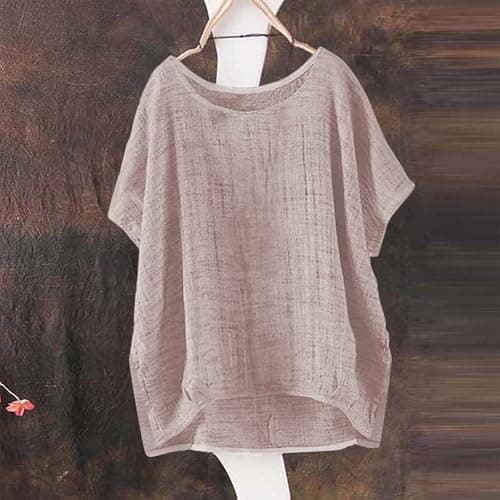 Women's Linen Blouse Summer Muslin Short Sleeve Shirt Crew Neck Basic Tops Elegant Cotton Linen Tops Plain Summer Vacation Beach Travel Blouse Light and Airy Sport Yoga Blouses & Tunics for Women — view 2