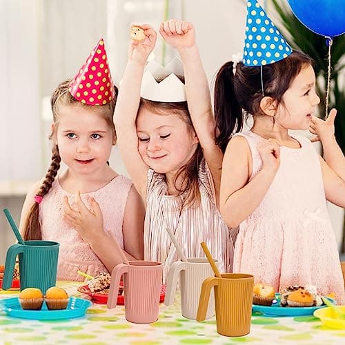 Unbreakable Drinking Cups, 350 ML Plastic Drinking Cups Reusable Cup for Kids Adults, 4 PCS Coffee Mugs with Handle, 4 PCS Straws, Hot or Cold Water Milk Tea Tumblers, Dishwasher and Microwave Safe — view 5