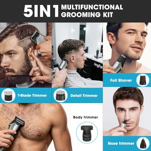 HAWKMIND 5-in-1 Beard Trimmer for Men, Mens Grooming Kit with Hair Clipper, Nose Hair Trimmer, Body Hair Trimmer & Stubble Trimmer, Stainless Steel Blades, 100% Washable, USB-C Rechargeable, LCD — view 2