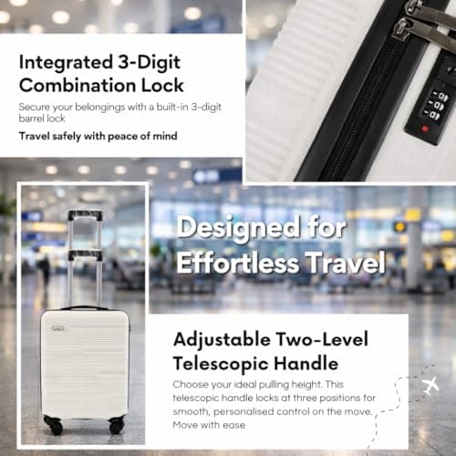 Cabin Suitcase 55x40x20cm – Lightweight Hard Shell Cabin Luggage with 4 Double Spinner Wheels, Telescopic Handle & Organised Interior – Small Cabin Size Carry On Travel Suitcase (White) — view 3