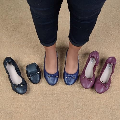 Ladies' Foldable Ballet Flats Portable Roll-Up Flat Shoes with Bowknot Leather Lightweight Slip-On Wedding & Party Dance Shoes Comfortable Round Toe Design Compact Travel Footwear Navy — view 6