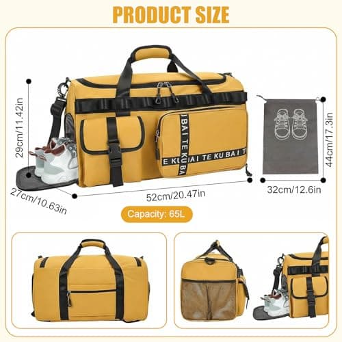 Sports Bag Travel Bag for Men and Women, Large 65L Sports Bags with Shoe Compartment & Wet Compartment, Large Capacity Travel Bag, Gym Bag, Travel Swimming Bag, Overnight Bag (Yellow) — view 3