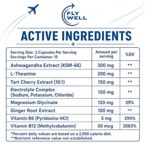 FlyWell Pre-Flight Support Capsules — Travel Supplement with Ashwagandha, Electrolytes, Magnesium, & L-Theanine | Jet Lag, Hydration & Calm Support | GMP Certified | 30 Capsules — view 2