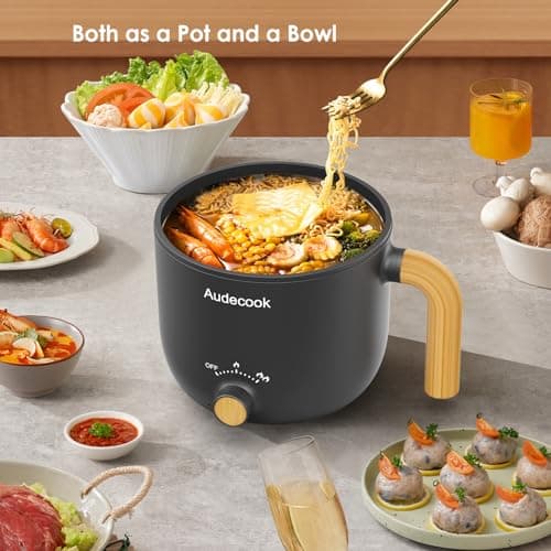 Audecook Electric Hot Pot with Steamer, 1.5L Portable Non-Stick Mini Multifunctional Cooker, Travel Electric Skillet with Dual Power Control for Ramen Noodles/Pasta/Egg/Soup/Oatmeal (Black) — view 3