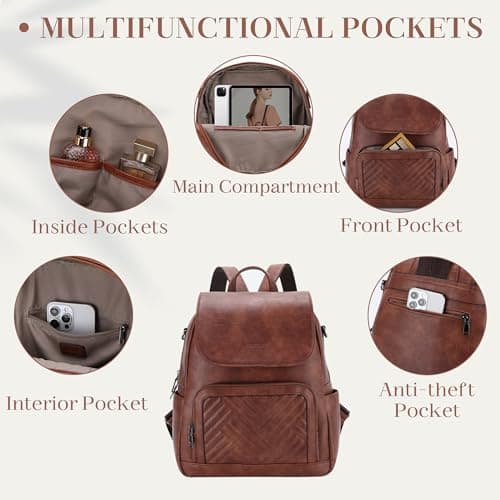 VASCHY Women Backpack, Vegan Leather Backpack for Travel/Work/School Brown — view 5