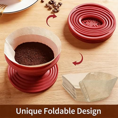 LAIYORA Collapsible Pour Over Coffee Dripper with 50 Filters Reusable Silicone Coffee Filter for Camping Travel Home Office V02 Size 2-4 Cups Red — view 5