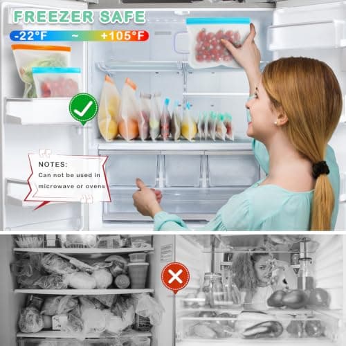 Reusable Freezer Bags, Leakproof Food Storage Bags, BPA FREE Ziplock Bags, Food Containers for Meal Prep,Travel, Make-Up, Fridge Kitchen Organization, 8 Pack (8 Large) — view 3
