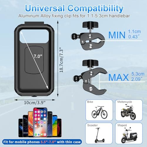 BTNEEU Motorbike Phone Holder Waterproof Motorcycle Phone Mount 360° Rotation Bicycle Handlebar Phone Holder Anti Vibration Moped Mobile Phone Mount with Touch Screen for 5.5" to 7.0" Smartphone — view 5
