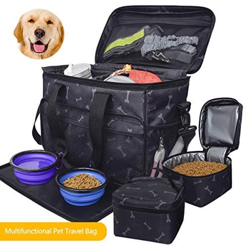Zwini Dog Travel Bag Washable Storage Supply Tote Thermal Bag with Compartments, Foldable Feeder and Drinker (Black) — view 2