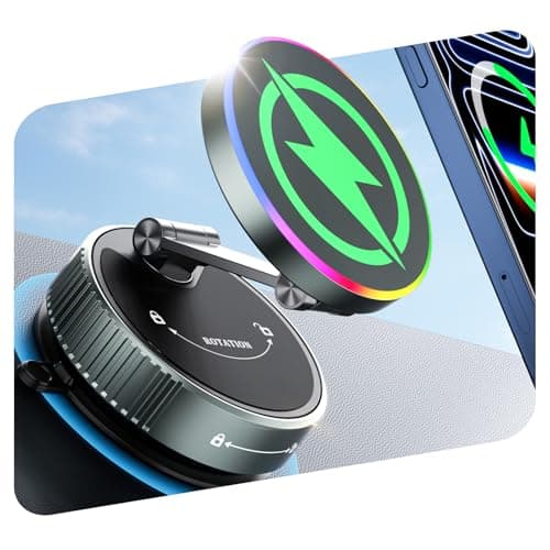 CloudValley for MagSafe Car Mount Charger, 15W Wireless Rapid Charging & 360° Rotating Vacuum Suction Cup, Magnetic Phone Holder with RGB Light for iPhone 17/16/15/14/13/12/Dash/Windshield/Screen
