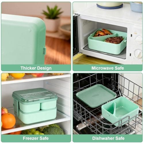 Esilihom Lunch Box, 1800ML Bento Box with Compartments, Stackable 2 Layer Reusable Meal Prep Containers with Thermal Bag & Cutlery for Adults & Kids - Office, School, Travel (Green) — view 5