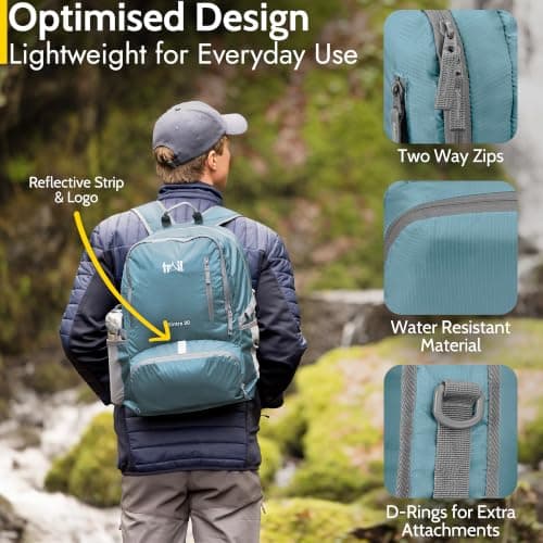 Trail Foldable Backpack, Lightweight Packable Rucksack, 20L, Teal — view 5