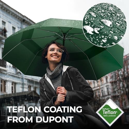 Umbrella Windproof Compact - Strong Storm Proof Frame + Auto Open Close | Women Mens Lightweight Small Travel Folding Golf Brolly + Double Canopy, Ergonomic Handle | Water Resistant Teflon Green — view 4