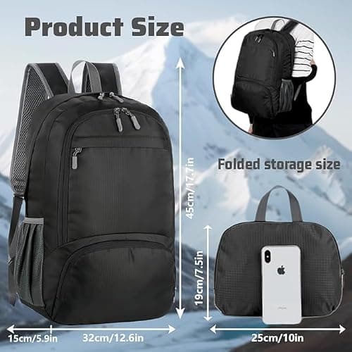 flintronic Lightweight Foldable Backpack, 30L Small Hiking Rucksack, Unisex Water Resistant Walking Backpack for Outdoor Sports, Hiking, Travelling, Walking, Camping (Black) — view 2