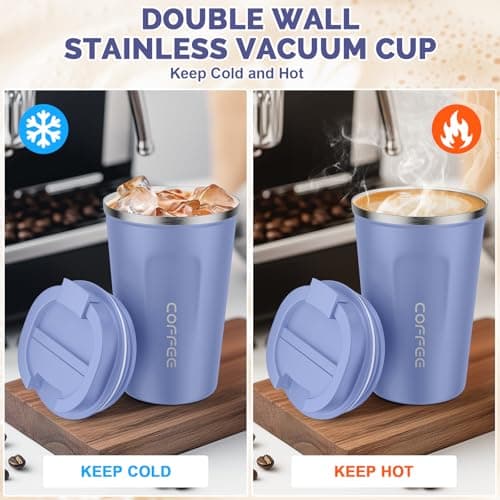MOMSIV Coffee Cup, 380ml Vacuum Reusable Leakproof Double Wall Coffee Cup, Insulation Stainless Steel Eco-Friendly Travel Office Mug for Hot Coffee Tea and Cold Drinks, Purple — view 3