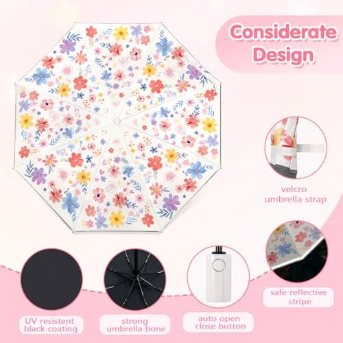 Decalsweet Kids Travel Folding Umbrella,Strong Windproof Automatic Compact Umbrella with Reflective Strips,UV Protection Sun Umbrella for Girls-Flowers — view 5
