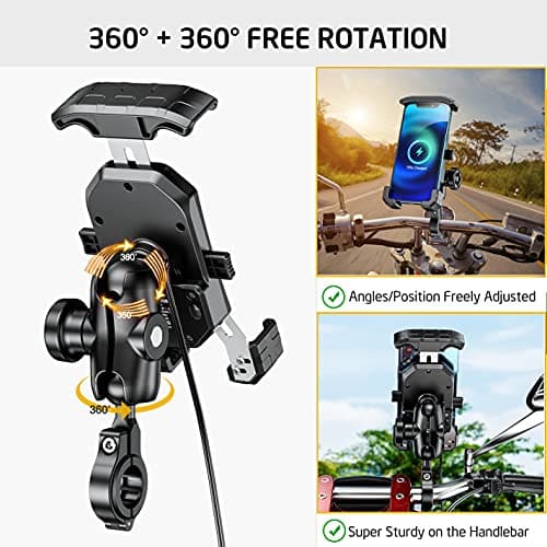 iMESTOU Anti-Theft Motorcycle Wireless Phone Mount Charger 15W & USB C 3A Handlebar 1" Ball Stem Phone Holder Works with 12V/24V Vehicle/USB Socket 720 Rotation Quick Charge for 4.0-7.0" Cellphones — view 4