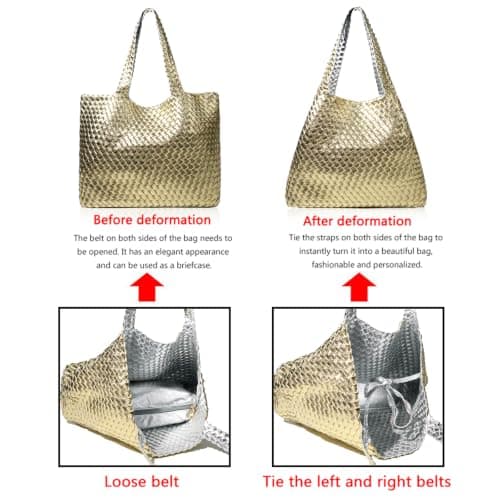 JINMANXUE Woven Tote Bag for Women, Large Summer Beach Travel Handbag and Purse Retro Handmade Shoulder Bags, Champagne Gold, One Size — view 3