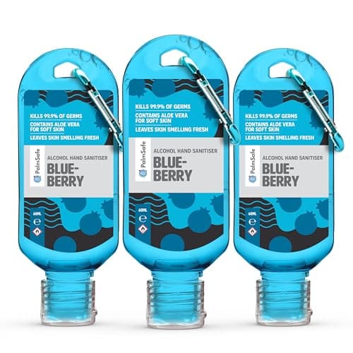 Palm Safe Blueberry 3 Pack 60ml Anti Bacterial Premium Hand Sanitiser Travel Size Refillable Clip Bottle Quick Drying Non Sticky Extra Moisturising Kills 99.9% of Viruses and Bacteria