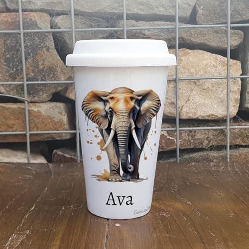 Personalised Elephant Travel Mug, Gift for Safari Lover, Thank you present for Zoo Animal Lover, Hot Drinks Flask, Insulated Coffee Cup — view 5