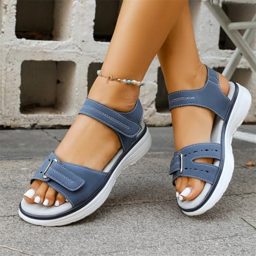 Orthopedic Sandals for Women UK Plantar Fasciitis Comfort Wedge Sandals Open Toe Ankle Strap Sandal Summer Wide Fit Cushion Walking Shoes Ladies Casual Summer Sandal with Arch Support 1-Blue, 5 — view 3