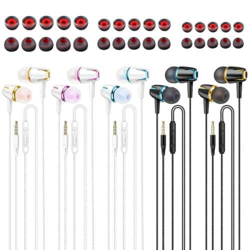 poluu 5 Pairs In-Ear Wired Noise Cancelling Headphones for Smartphone,Laptop,Tablet Wired Earphones with Volume Control Microphone,Noise Isolating,15 Pairs Ear Tips Deep Bass Audio 3.5mm Jack