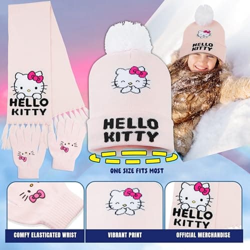 Hello Kitty Girls Scarf Beanie and Gloves Set 3 Piece Kawaii Cosy Warm Winter Accessories Anime Soft Knit for School Travel Days Out (Pink Hello Kitty, 4-12 Years) — view 5