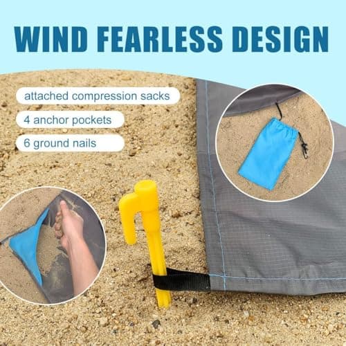 DSLIHA Beach Mat Picnic Blanket Outdoor, Large Waterproof Sandproof Portable Picnic Beach blanket with 4 Fixed Nails, Reinforced Edging for Beach, Camping, Hiking, Grass and Trips (Blue) — view 4