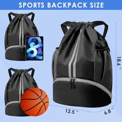 BROTOU Unisex Drawstring Backpack, Waterproof Gym Bag, Large Oxford PE Pack, Students School Backpack, Durable Sports Ball Bag, with Shoe Bag (A, Black) — view 6