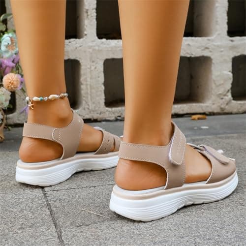 Orthopedic Sandals for Women UK Plantar Fasciitis Comfort Wedge Sandals Open Toe Ankle Strap Sandal Summer Wide Fit Cushion Walking Shoes Ladies Casual Summer Sandal with Arch Support 1-Beige, 6 — view 2