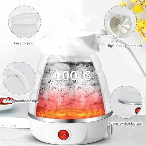 Foldable Electric Travel Kettle,600ml Portable Kettle Silicone Collapsible Heating Water Boiler Tea Pot for Camping,Easy for Storage with Separable Power Cord (White) — view 2