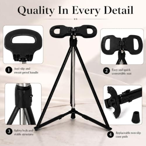 Walking Stick with Seat, Foldable Shooting Stick for Adults Elderly 150 kg Max Load, Portable Cane Stool for Seniors, Easy Carry Chair for Hiking Traveling Camping Queuing Fishing — view 3