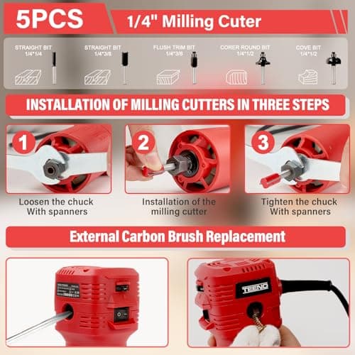 TEENO Compact Electric Hand Wood Trimmer 800W 15000-32000 RPM,with Dust Cover,6 Variable Speeds,Profession Router Trimmer with 5PCS 1/4" Shank Router Bits,Includes Base 6/6.35mm — view 3