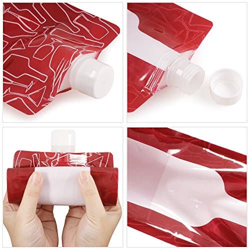 SENHAI Foldable Wine Bag, 750 ml, Portable Reusable Plastic Wine Bottle Pouch, 4 Pack Collapsible Liquid Leak Proof Flask Holder for Wine Liquor Beverages, Travel, Gift - Red — view 5